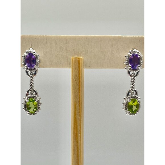 Chapal Zenray Jewelry - Chapal Zenray Thailand Sterling Silver Peridot Amethyst Dangle Earrings Textured